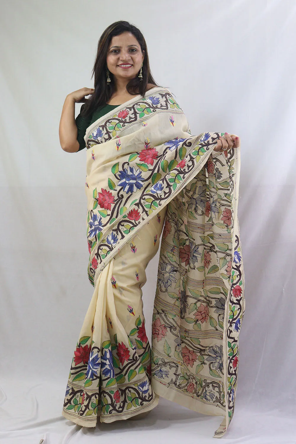 Exquisite Off White Kantha Silk Saree with Hand Embroidery