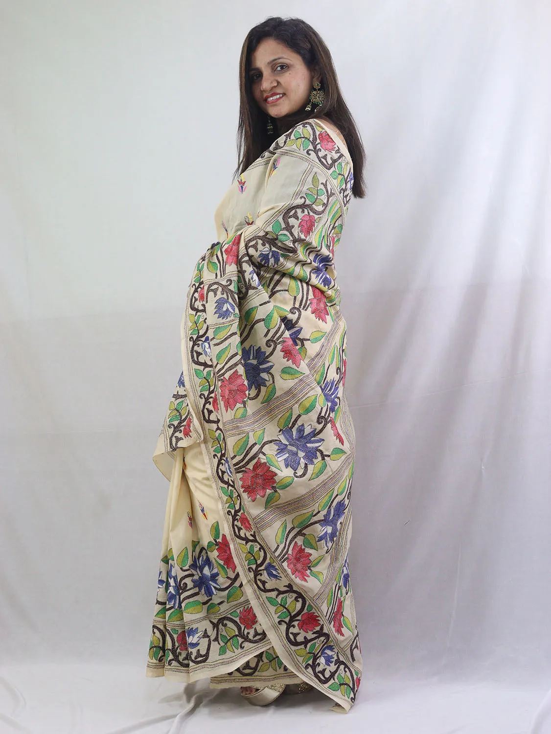 Exquisite Off White Kantha Silk Saree with Hand Embroidery