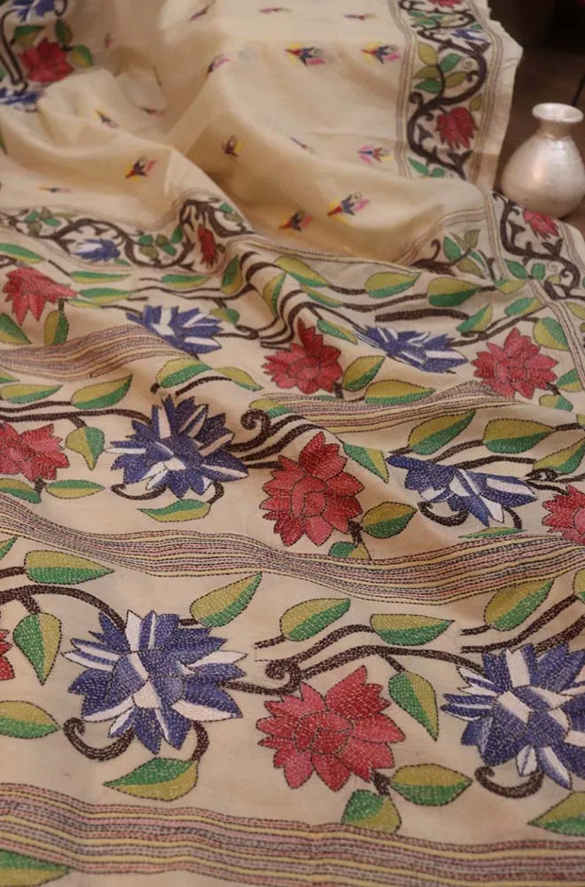 Exquisite Off White Kantha Silk Saree with Hand Embroidery