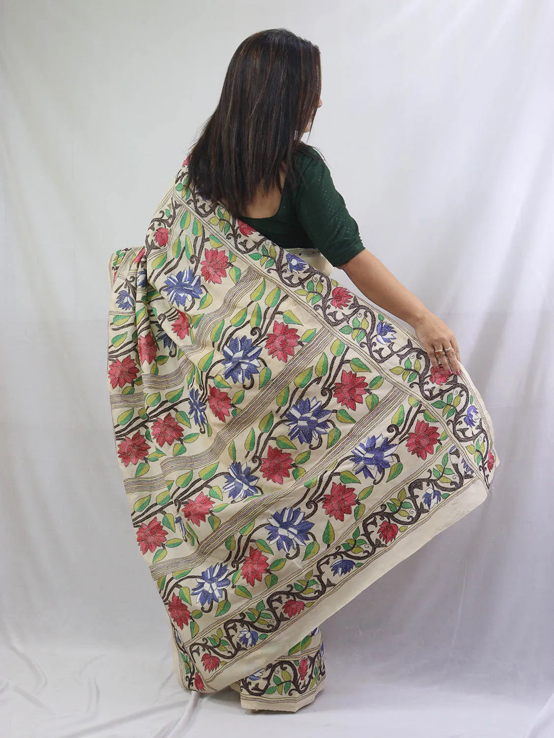 Exquisite Off White Kantha Silk Saree with Hand Embroidery