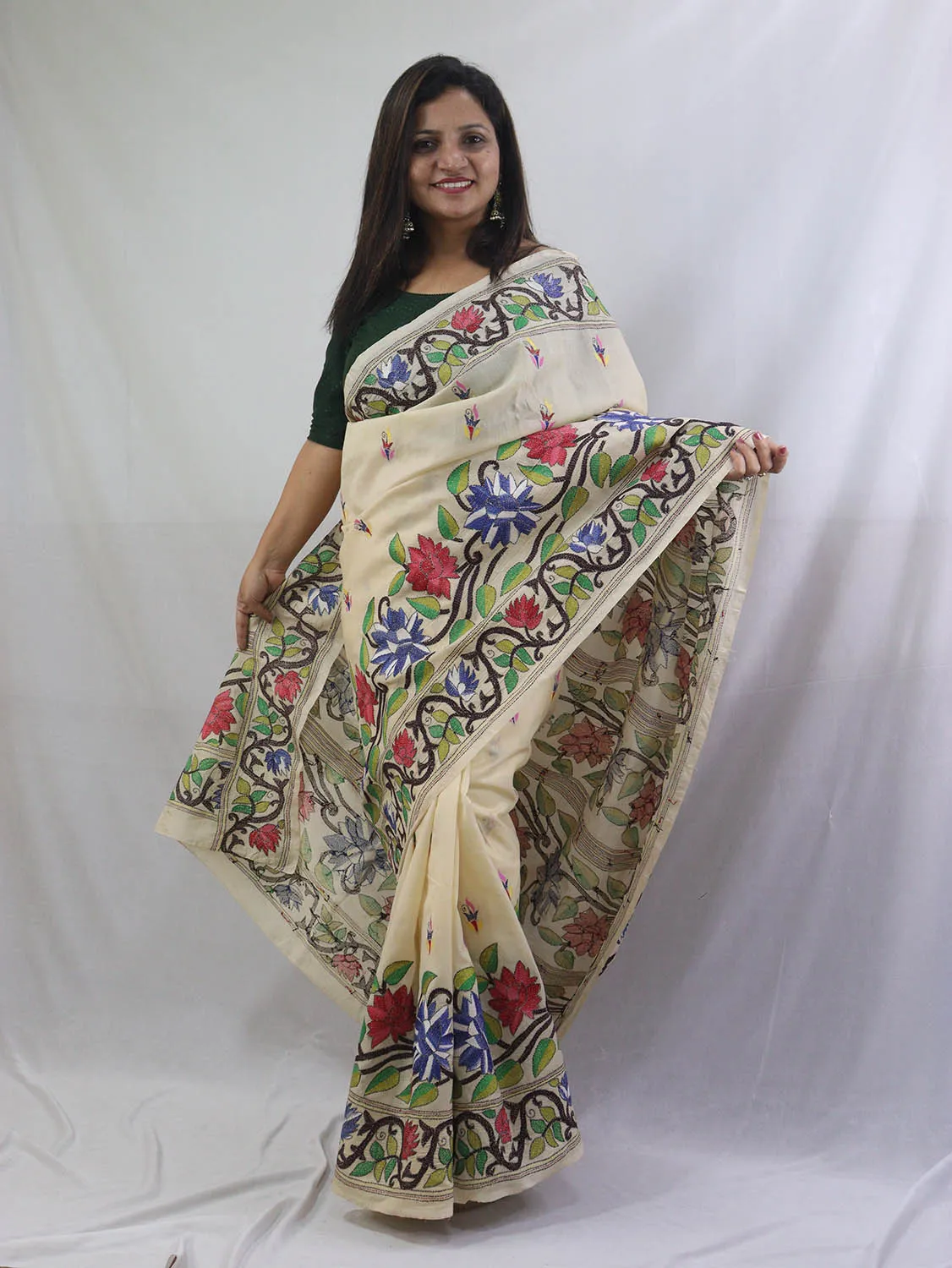 Exquisite Off White Kantha Silk Saree with Hand Embroidery