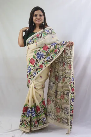 Exquisite Off White Kantha Silk Saree with Hand Embroidery