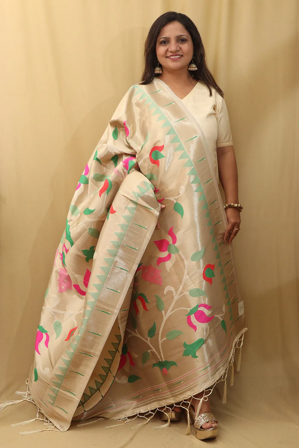 Exquisite Off White Paithani Silk Dupatta with Peacock Design