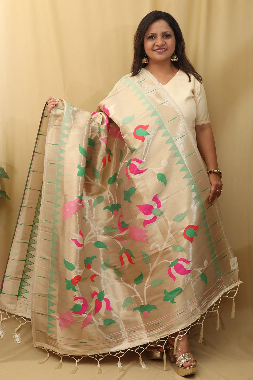 Exquisite Off White Paithani Silk Dupatta with Peacock Design