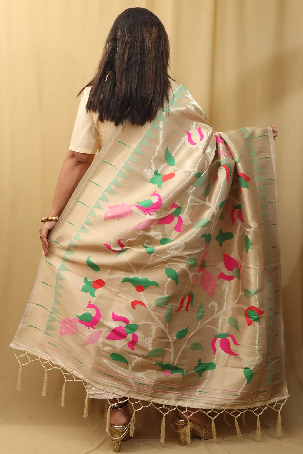 Exquisite Off White Paithani Silk Dupatta with Peacock Design