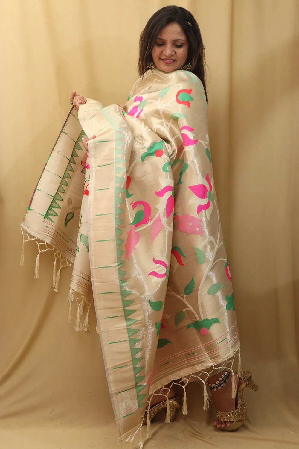 Exquisite Off White Paithani Silk Dupatta with Peacock Design