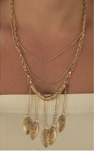 Gold Metallic Leaf Multi Strand Necklace