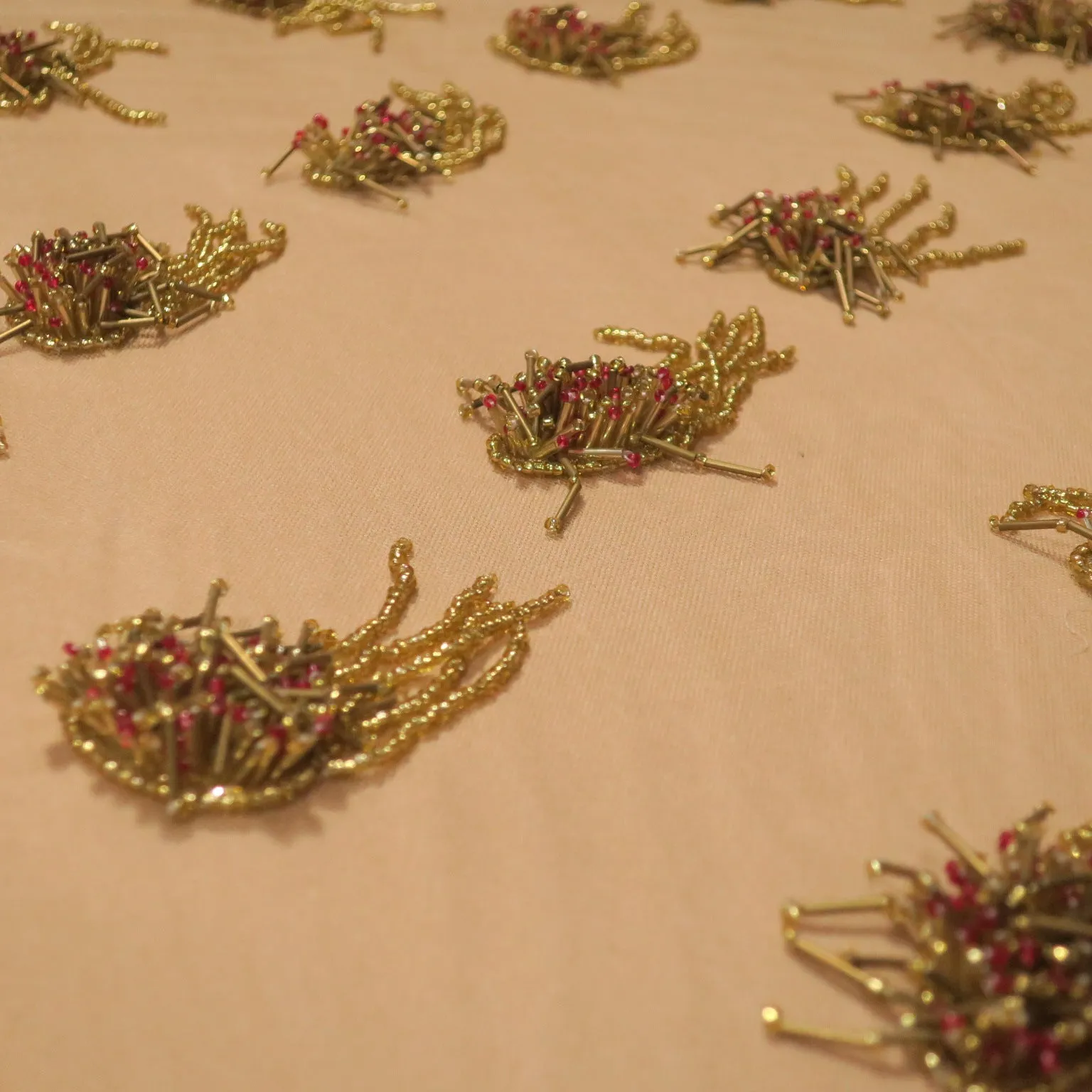 Gold Tulle with Bugle Beads Point D'Sprit Embroidered Fabric