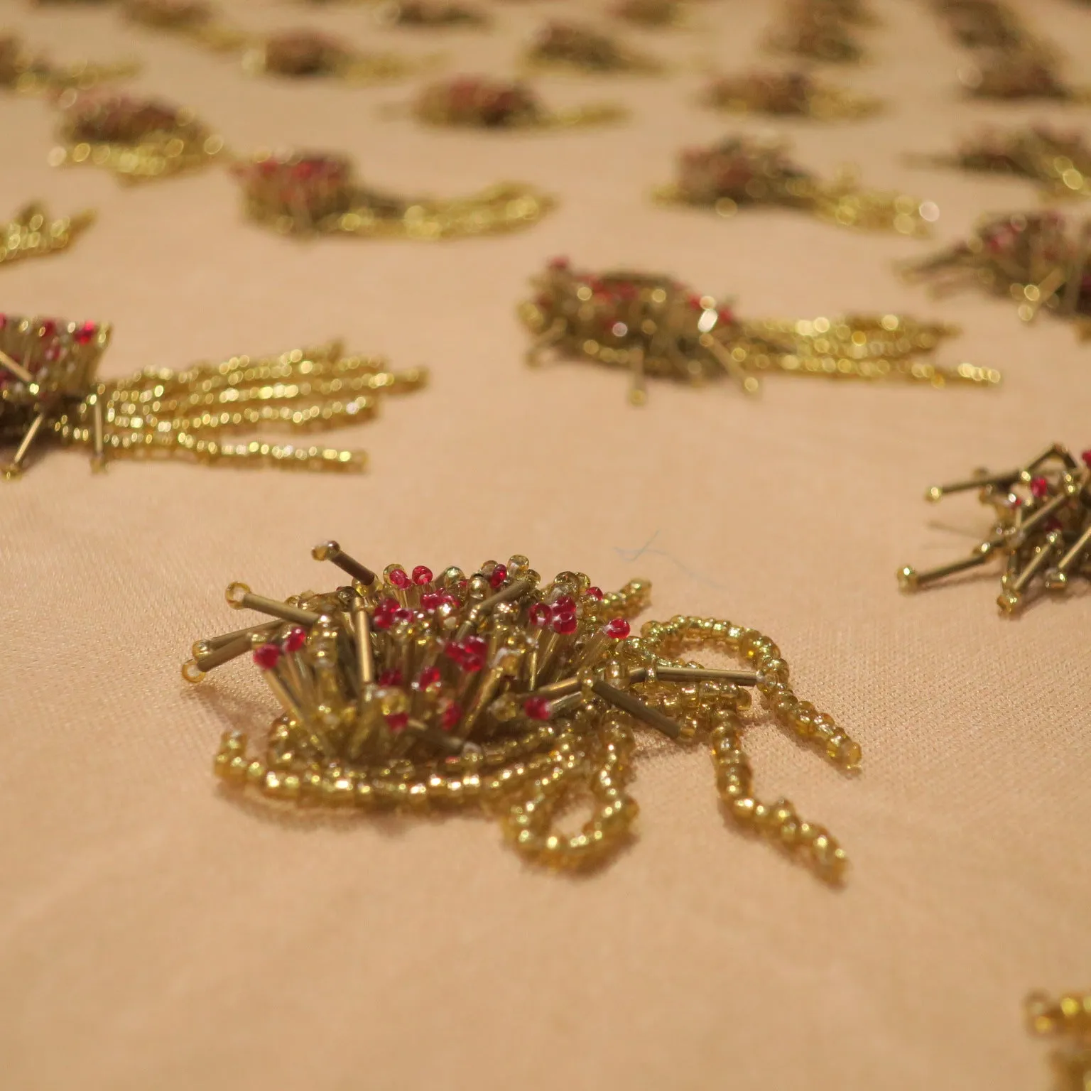 Gold Tulle with Bugle Beads Point D'Sprit Embroidered Fabric