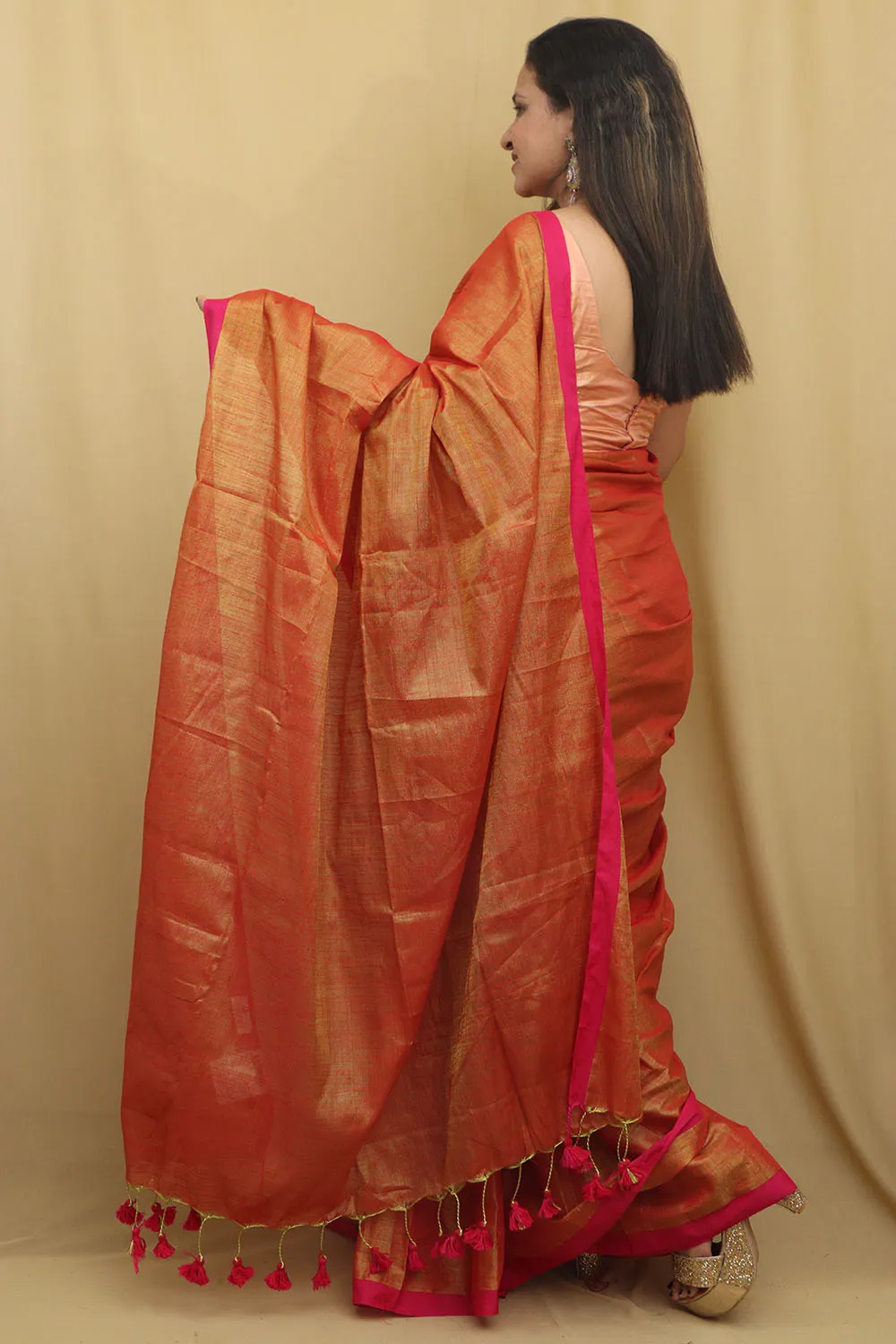 Golden Bengal Plain Tissue Cotton Saree - Elegant and Timeless