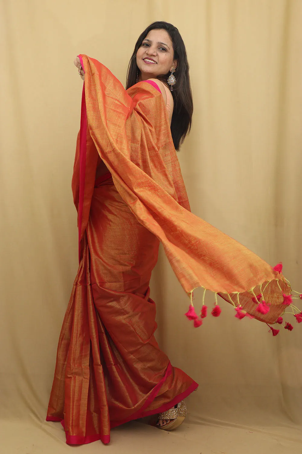 Golden Bengal Plain Tissue Cotton Saree - Elegant and Timeless