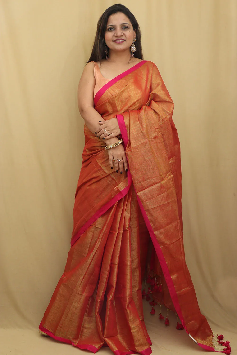 Golden Bengal Plain Tissue Cotton Saree - Elegant and Timeless