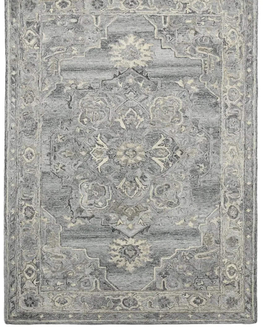 Grey Wool & Viscose Oriental Pattern Hand-Tufted Rug Carpet