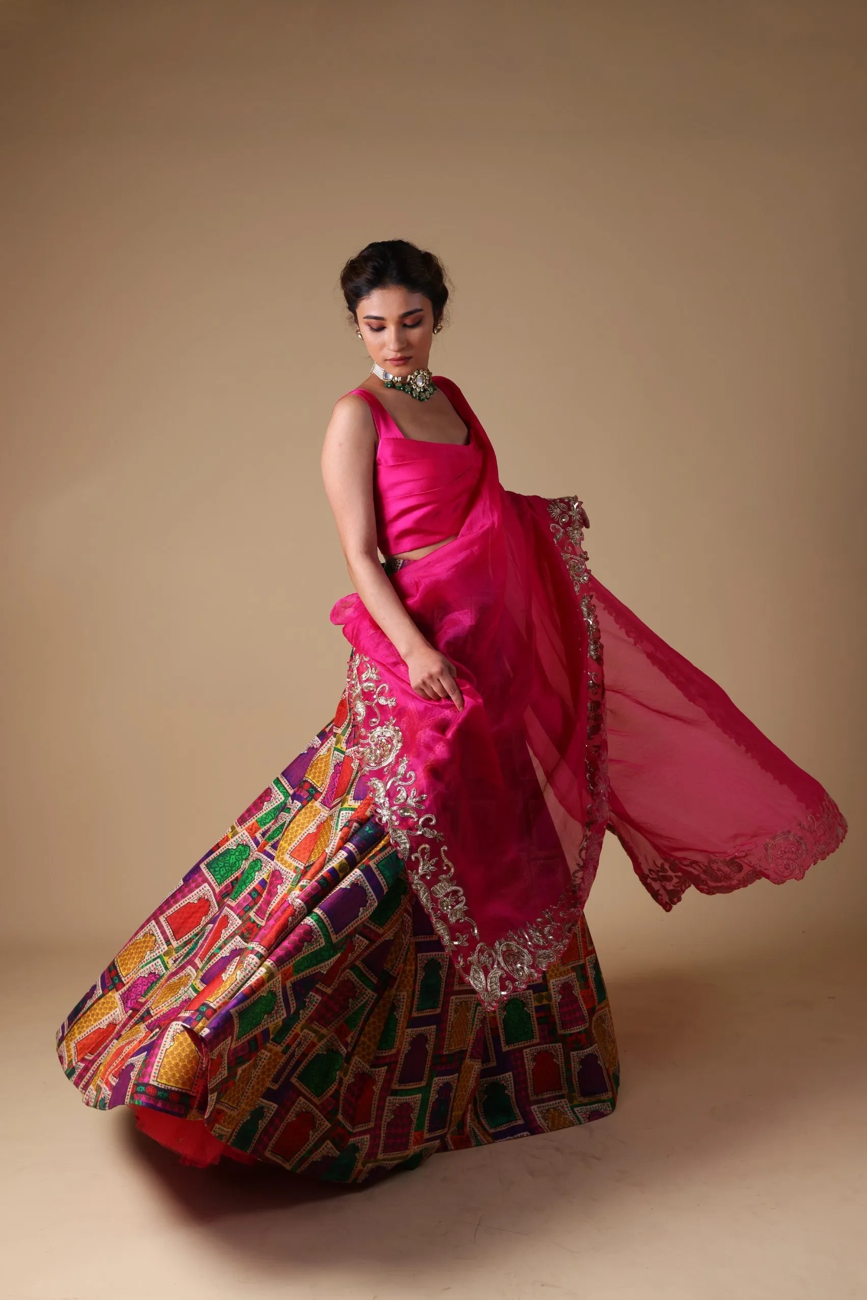 Hand-Embroidered zardosi work Dupatta with lehenga and blouse