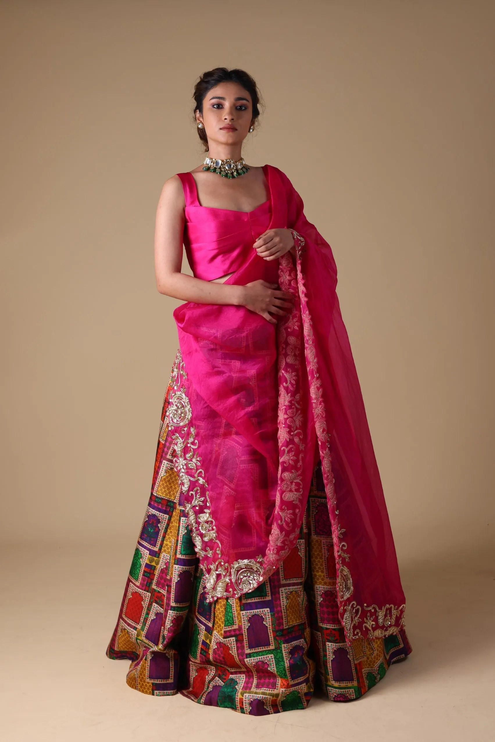 Hand-Embroidered zardosi work Dupatta with lehenga and blouse