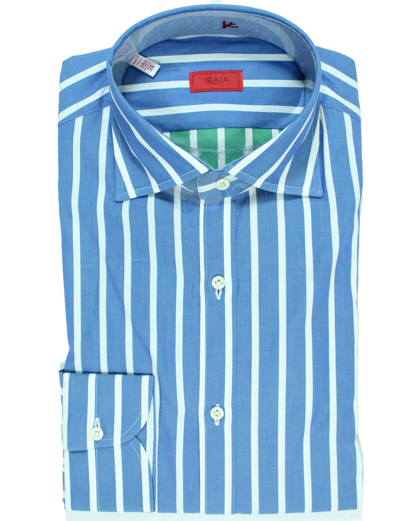 Isaia Dress Shirt Navy White Stripes 39 - 15 1/2 Regular Fit