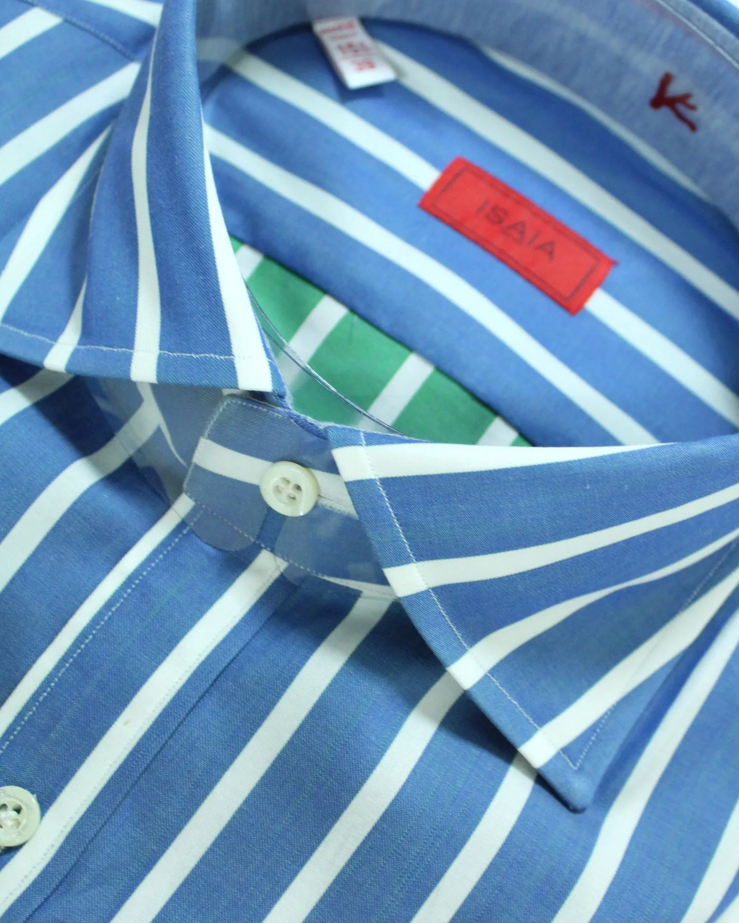 Isaia Dress Shirt Navy White Stripes 39 - 15 1/2 Regular Fit