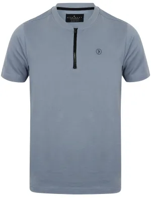 Leith Baseball Zip Up Neck Cotton T-Shirt In Dusty Blue - Dissident