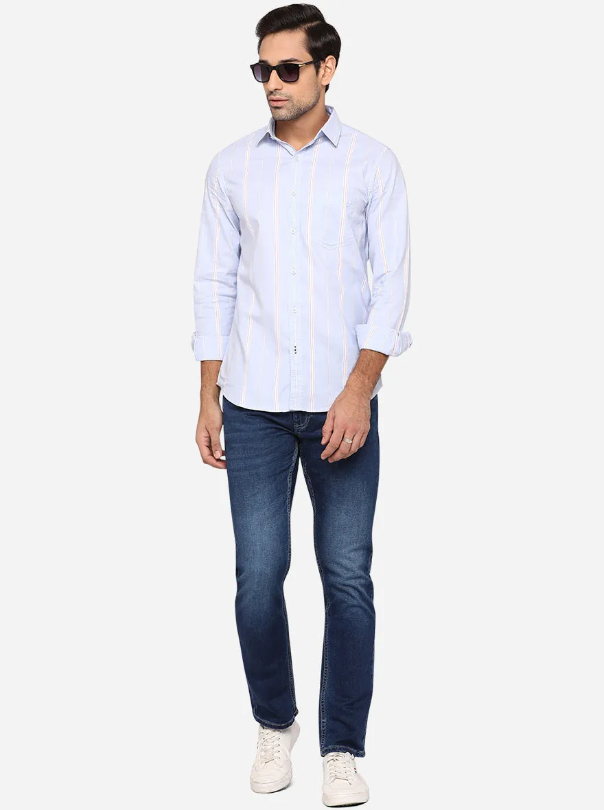 Light Blue Striped Slim Fit Semi Casual Shirt | JadeBlue