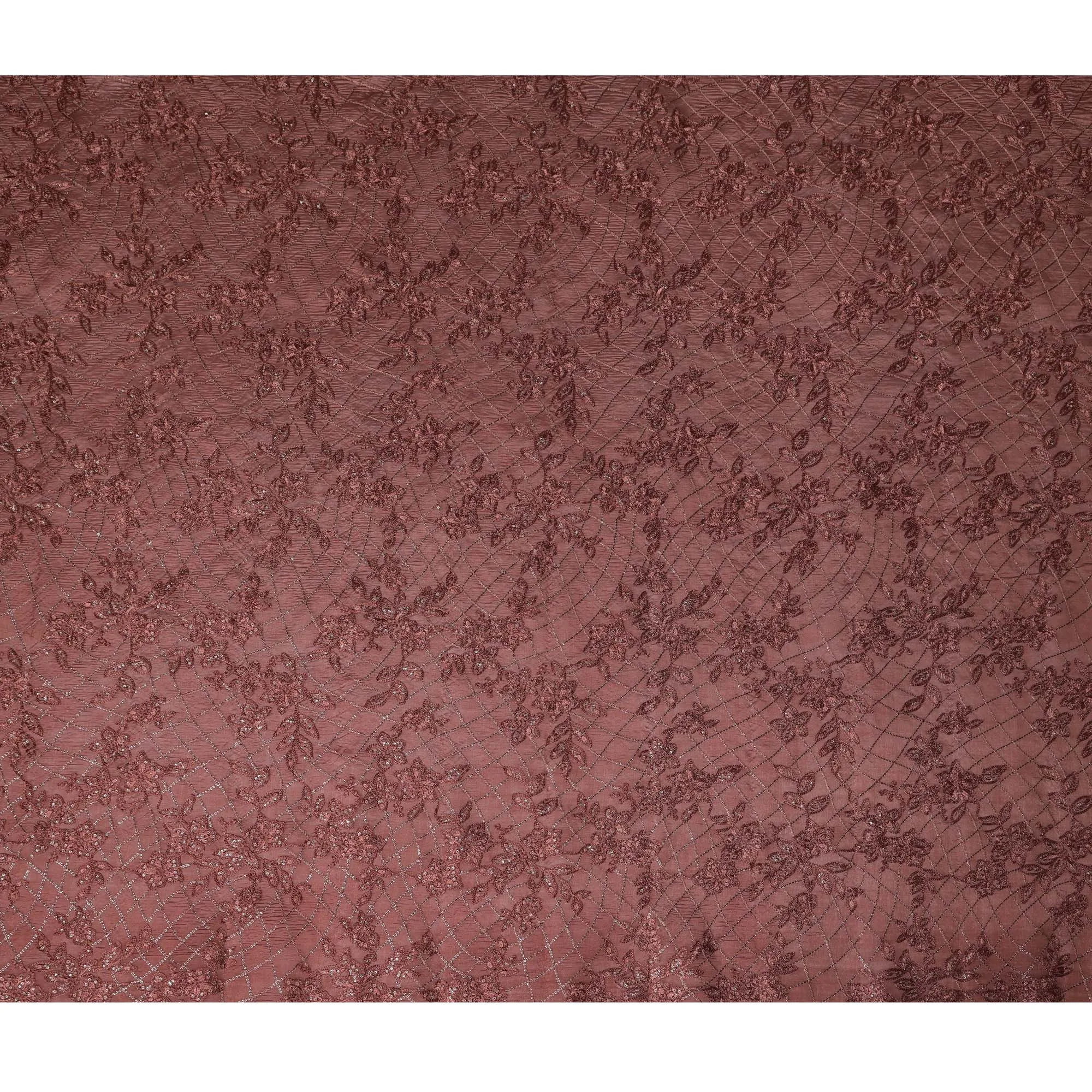 Maroon Tussar Silk Fabric with Floral Embroidery & Silver Accents, 110 cm Width-D20947