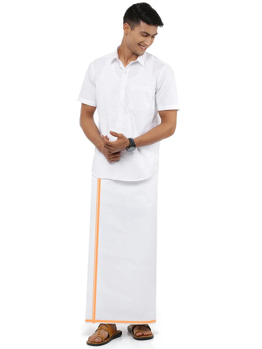 Men Orange Border Single Dhoti White Marina