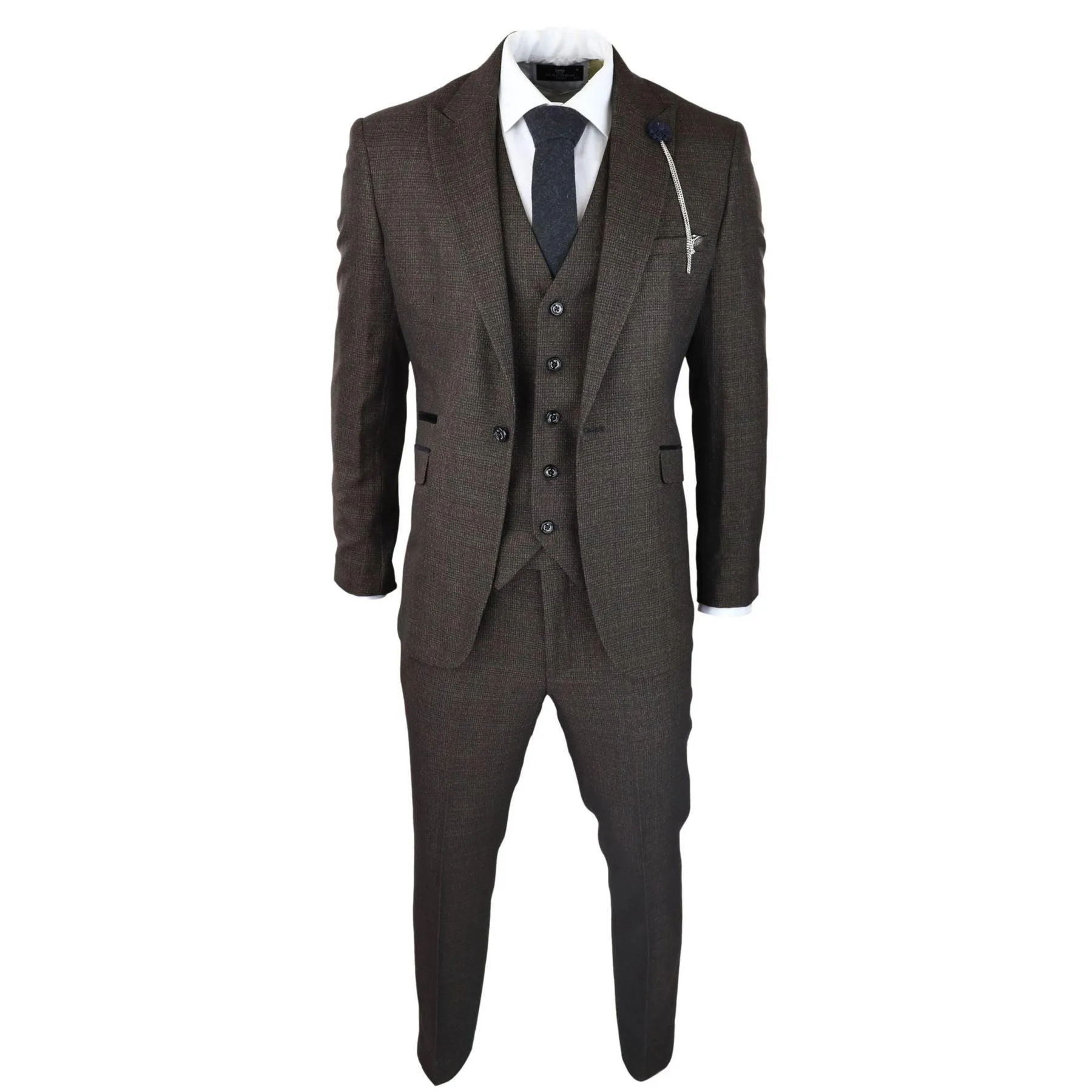 Mens 3 Piece Check Suit Tweed Black Brown Tailored Fit Wedding Peaky Classic