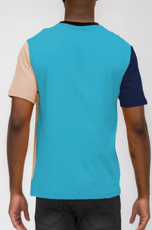 Mens Blue Beige Vertical Color Block T-Shirt