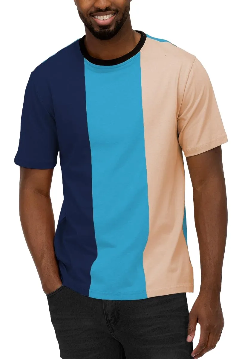 Mens Blue Beige Vertical Color Block T-Shirt