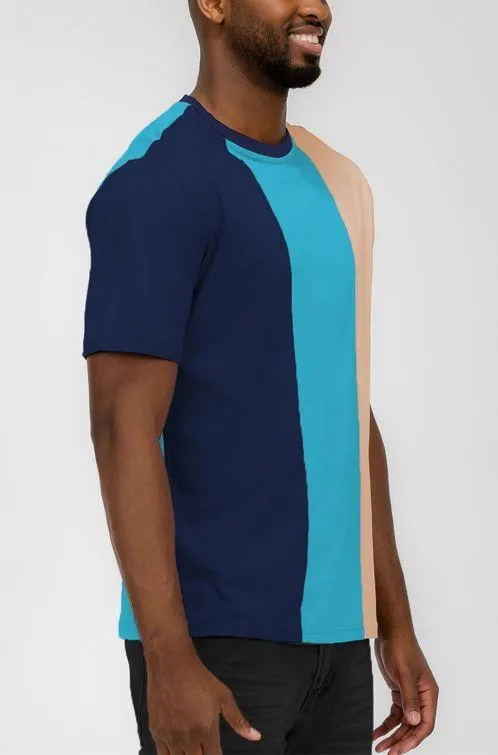 Mens Blue Beige Vertical Color Block T-Shirt