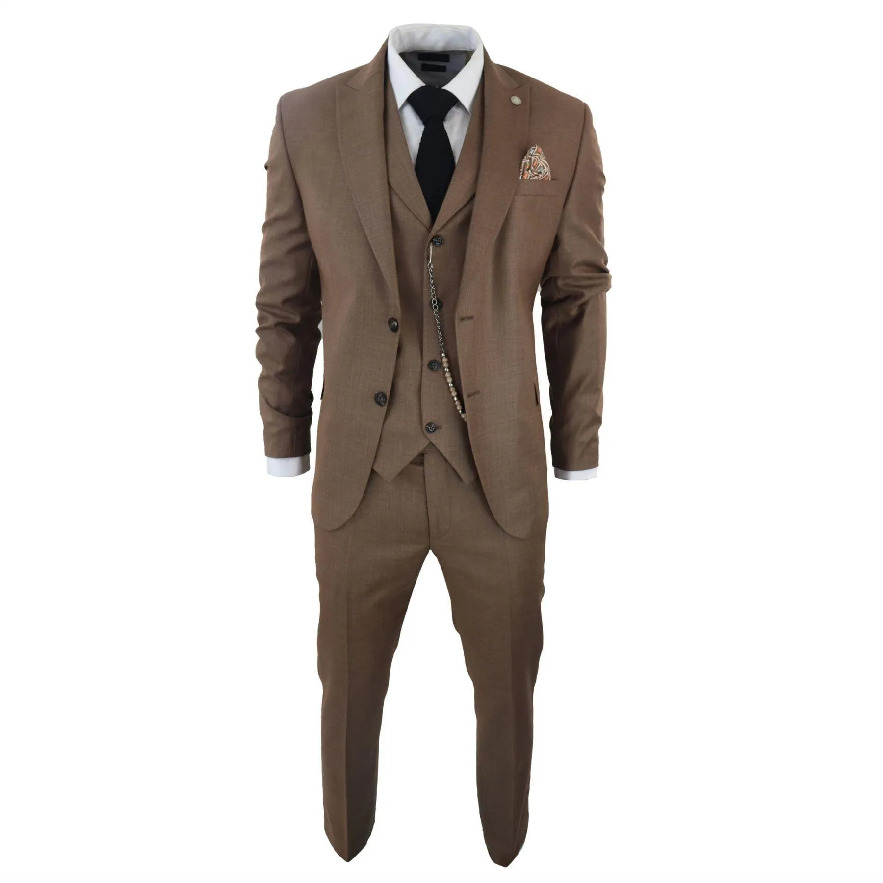 Mens Classic 3 Piece Suit Brown Pocket Chain Wedding Tailored Fit Vintage Formal