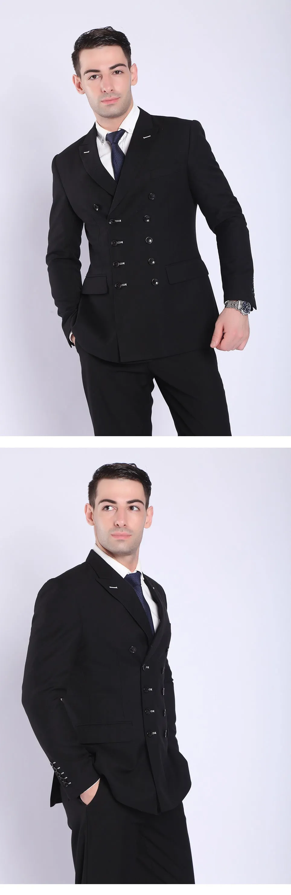 Men’s Double-Breasted Black Business Suit – Classic 2-Piece Formal Set