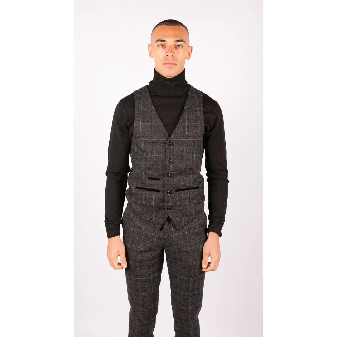 Mens Grey Black 3 Piece Tweed Suit Herringbone Wine Vintage Retro