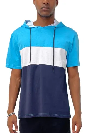 Mens Sea Blue Tri Color Block Hooded TShirt