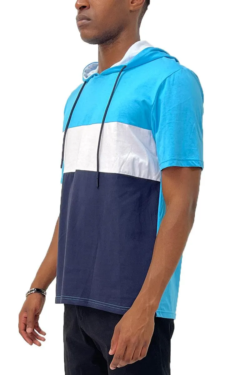 Mens Sea Blue Tri Color Block Hooded TShirt