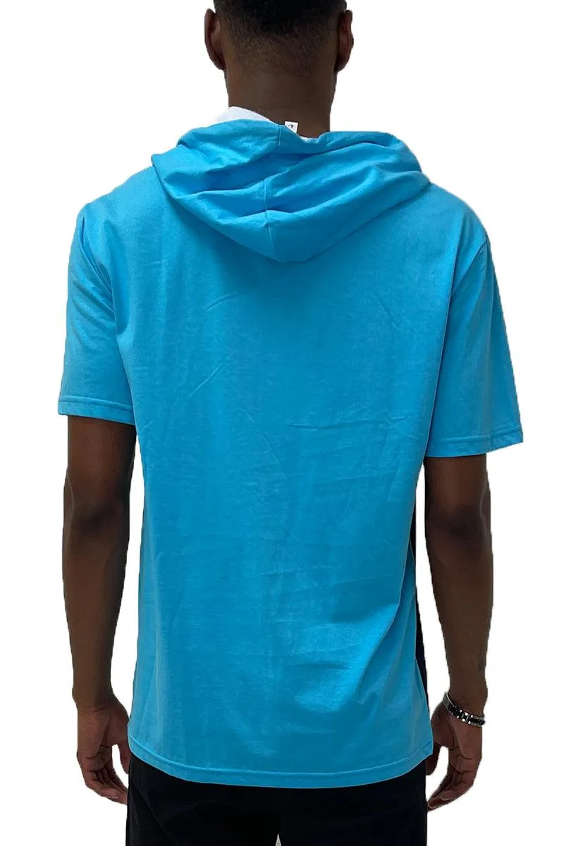 Mens Sea Blue Tri Color Block Hooded TShirt