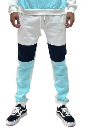 Mens Sky Blue White And Black Color Block Sweat Pants