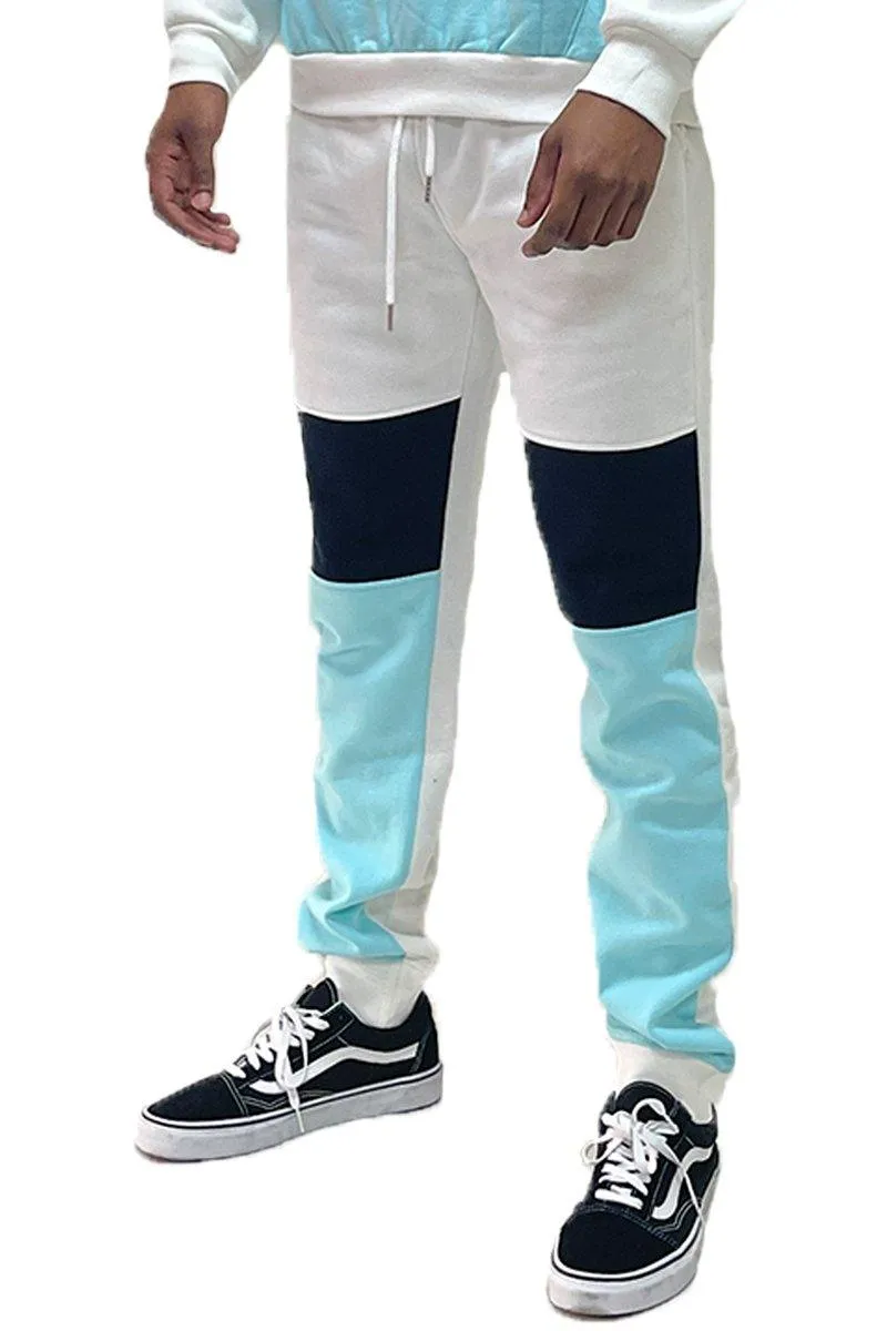 Mens Sky Blue White And Black Color Block Sweat Pants