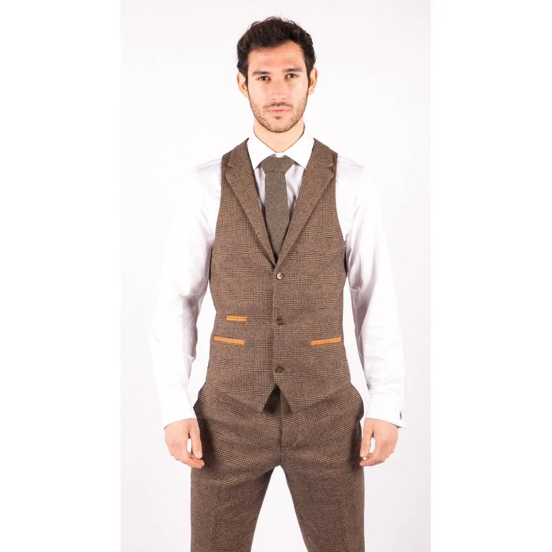 Mens Wool 3 Piece Check Suit Tweed Brown Tailored Fit Blinders Gatsby 1920s