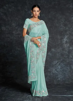 Mesmerizing Blue Georgette Classic Saree with Heavy Embroidery