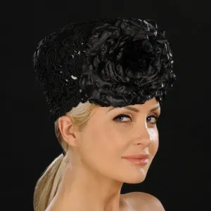 NA1053- Ladies Church Hat in Black Lace Fabric and Large Flowers