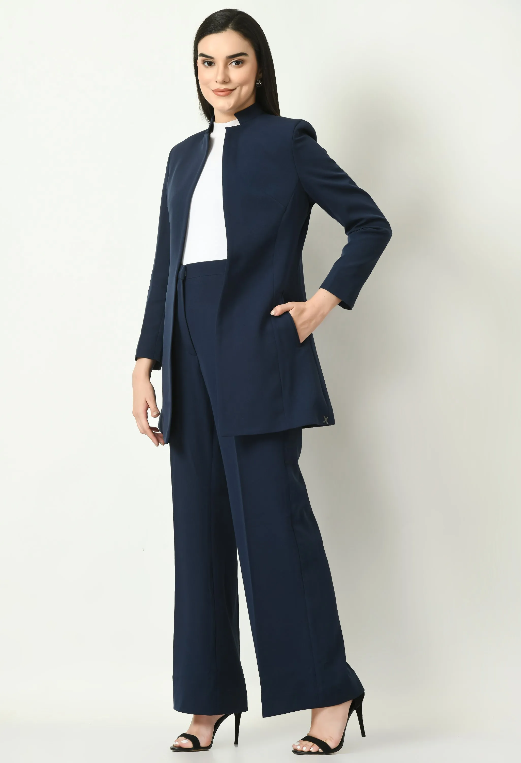 Navy Blue Mastery Solid Long Blazer With Bootcut Trouser