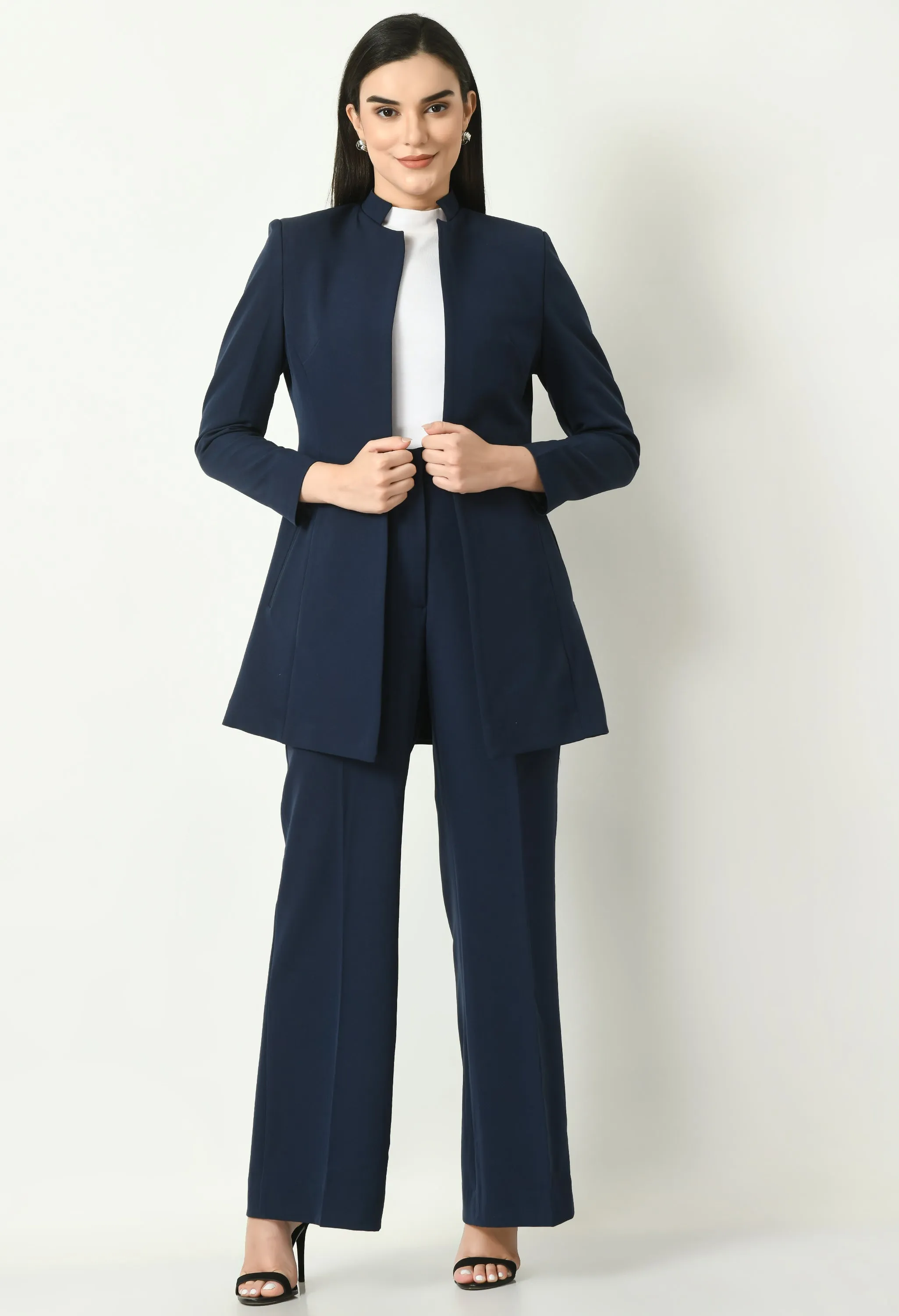 Navy Blue Mastery Solid Long Blazer With Bootcut Trouser