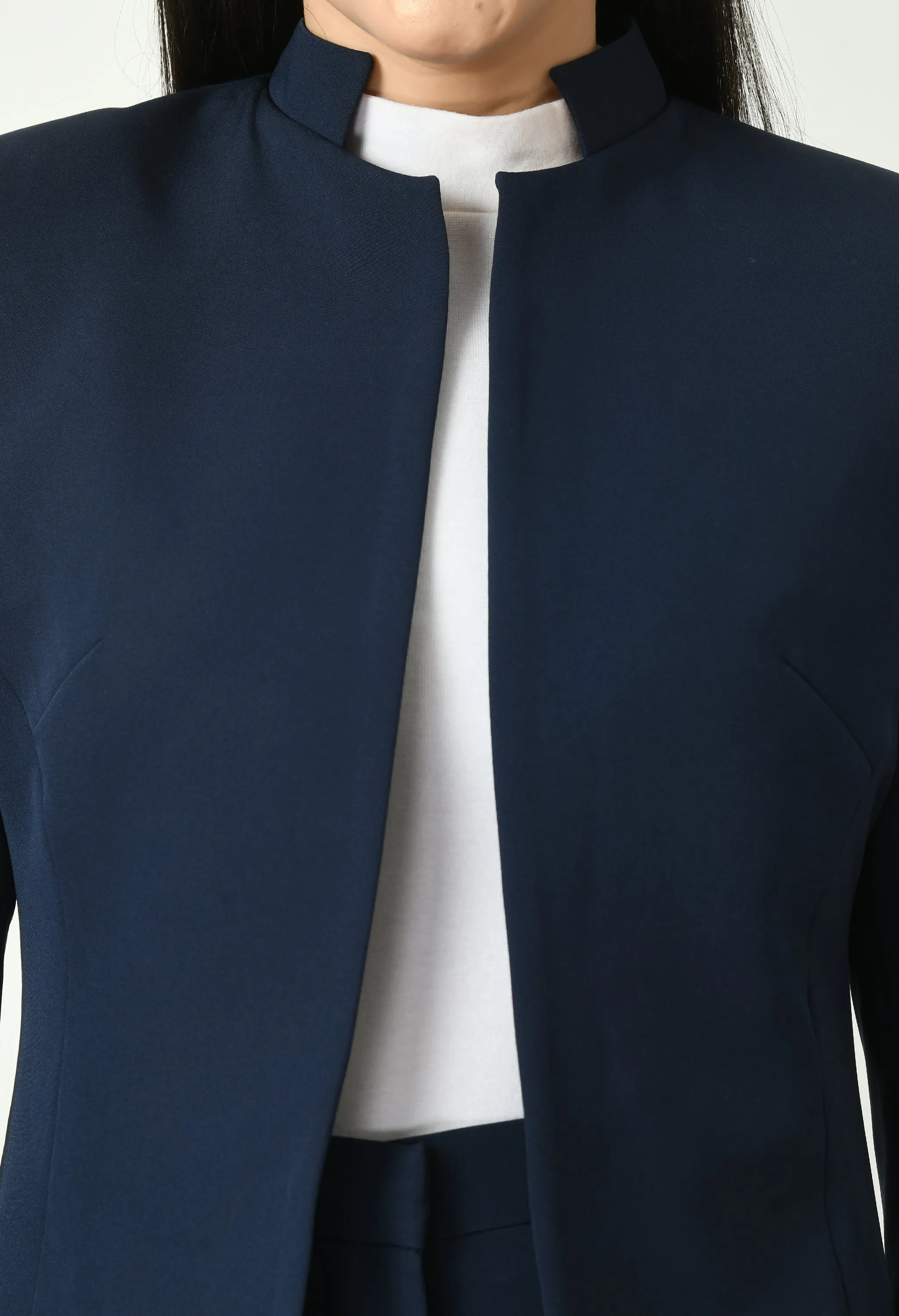 Navy Blue Mastery Solid Long Blazer With Bootcut Trouser