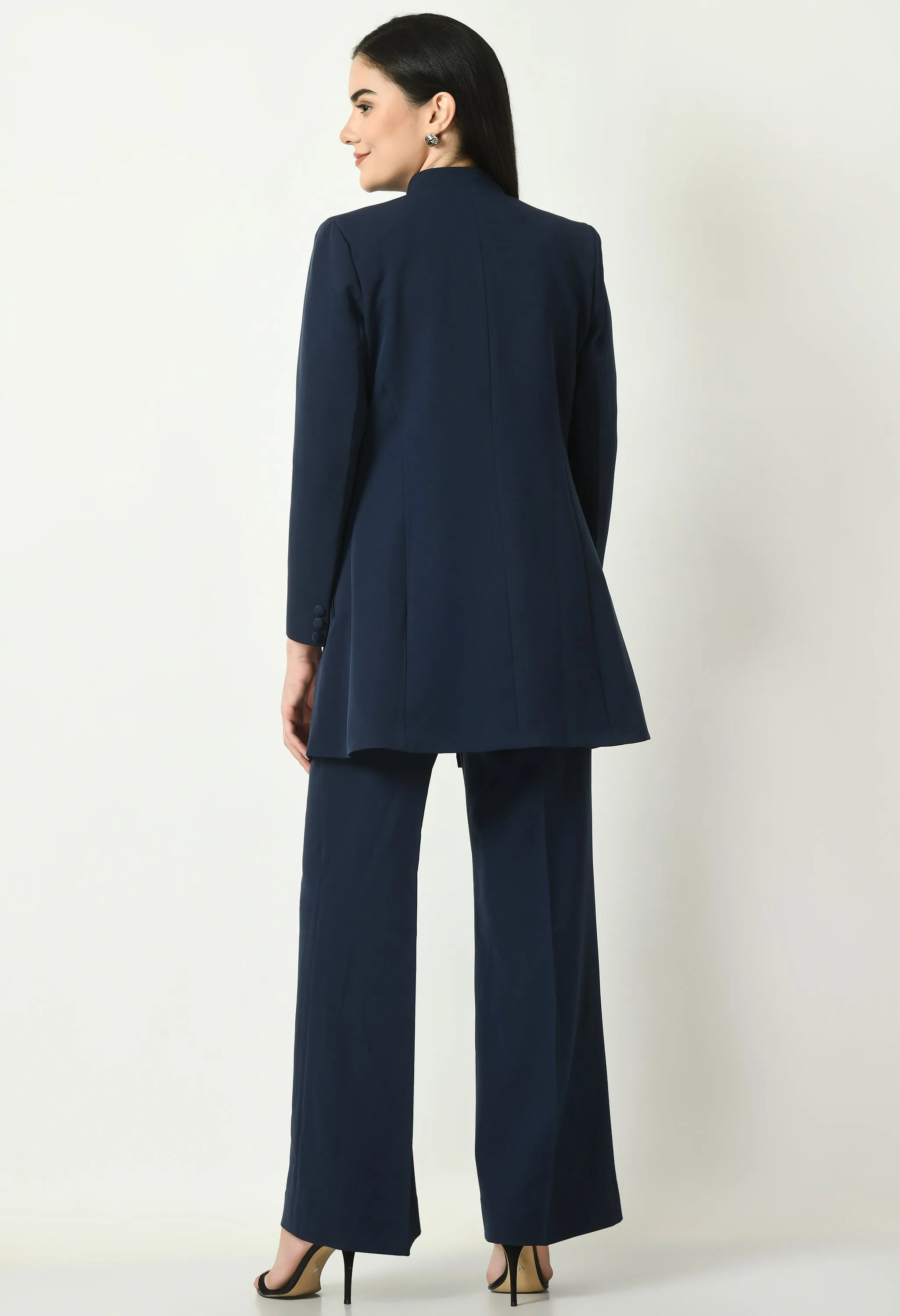 Navy Blue Mastery Solid Long Blazer With Bootcut Trouser