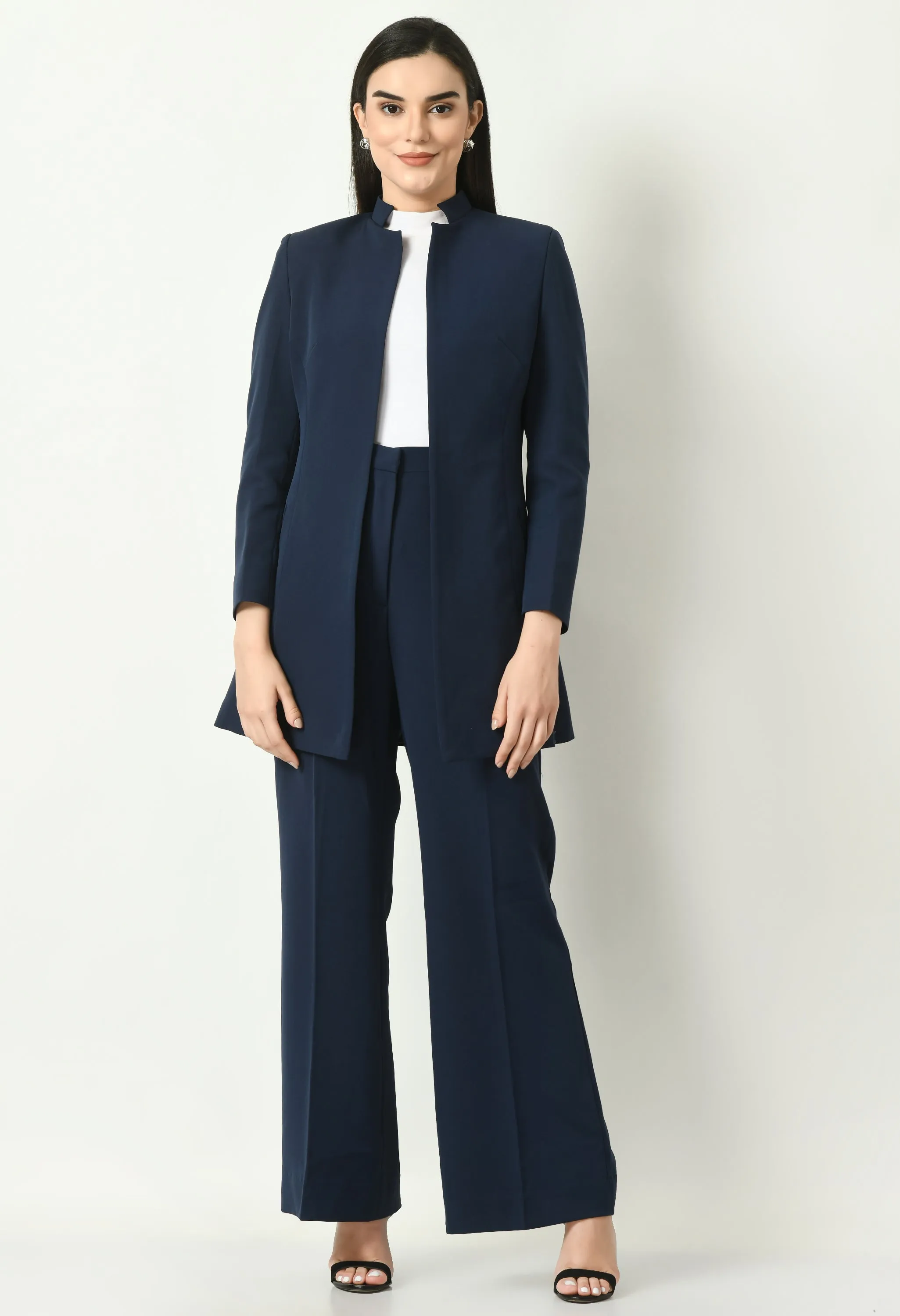 Navy Blue Mastery Solid Long Blazer With Bootcut Trouser