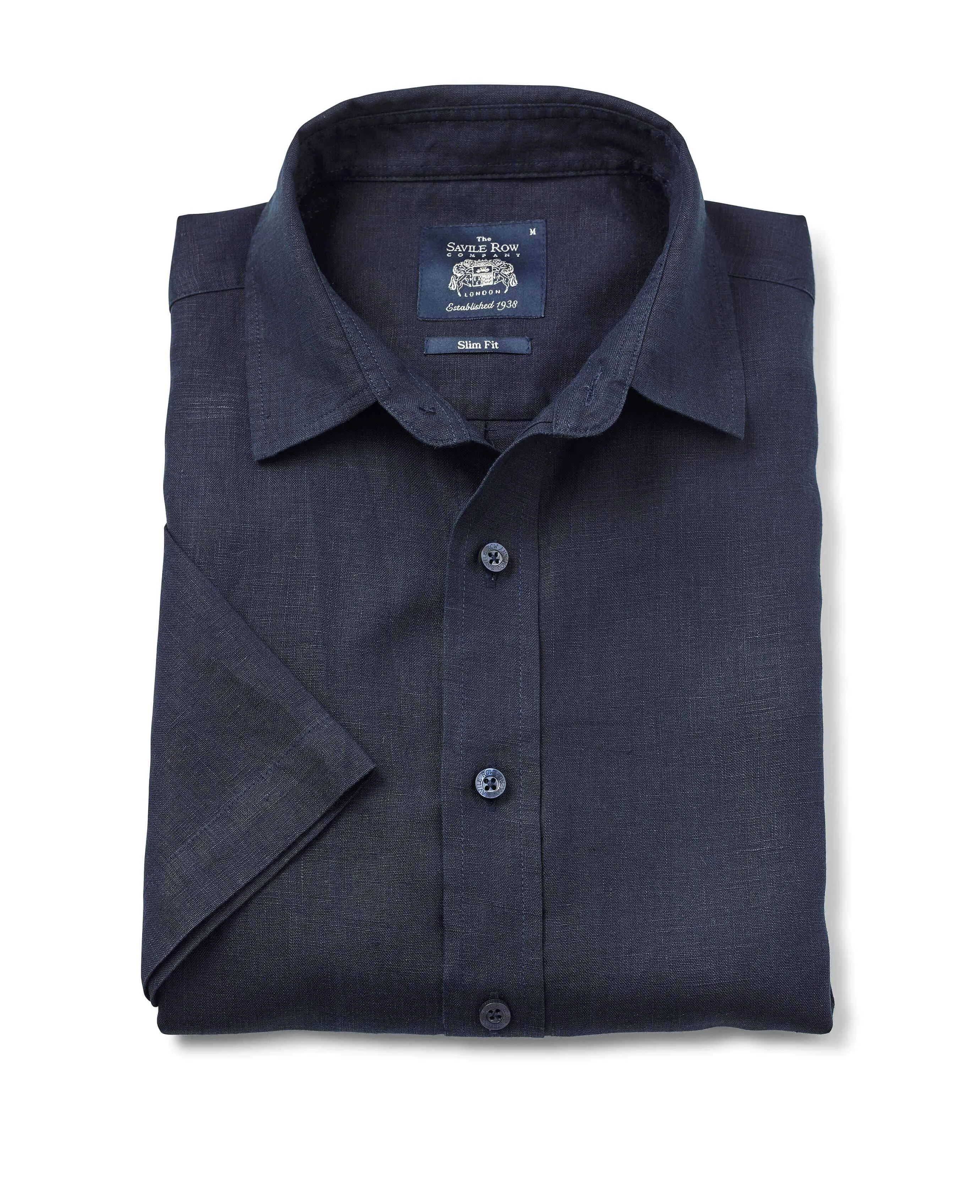 Navy Short Sleeve Pure Linen Slim Fit Shirt in Shorter Length