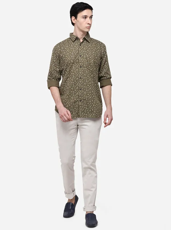 Olive Tailored Fit Printed Casual Shirt | JadeBlue