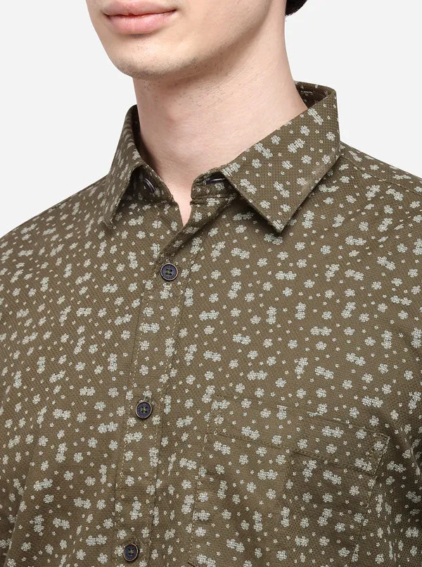 Olive Tailored Fit Printed Casual Shirt | JadeBlue