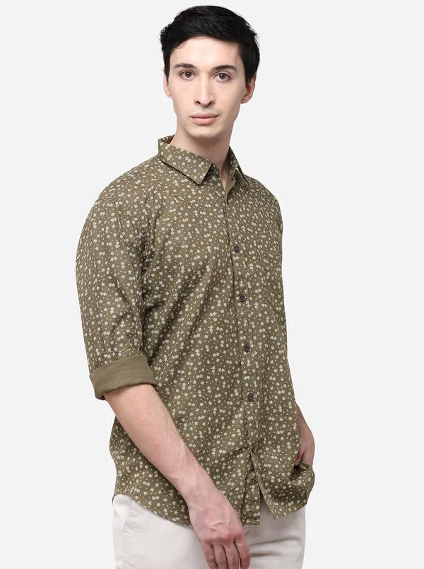 Olive Tailored Fit Printed Casual Shirt | JadeBlue