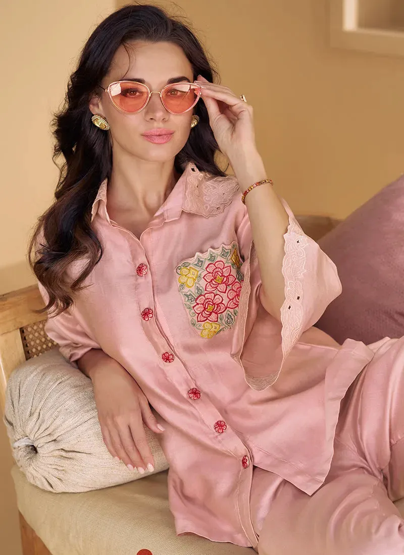 Pink Floral Embroidered Pure Silk Designer Co-Ord Set